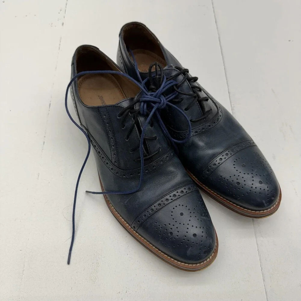 Johnston & Murphy Dress Shoes Mens Size 10.5 Blue Leather Oxford Brogue Cap Toe